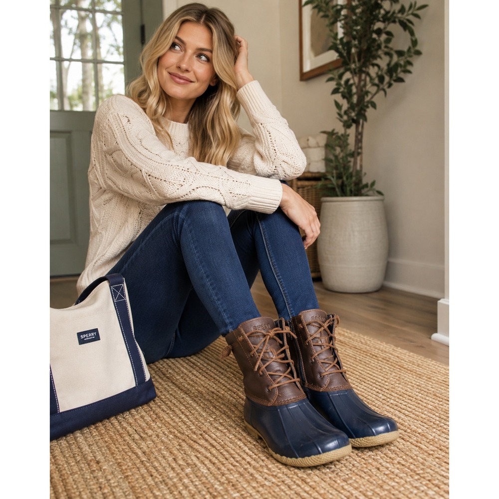 Sperry Saltwater Duck Boots Women 8.5 Navy Brown Leather Waterproof STS91175